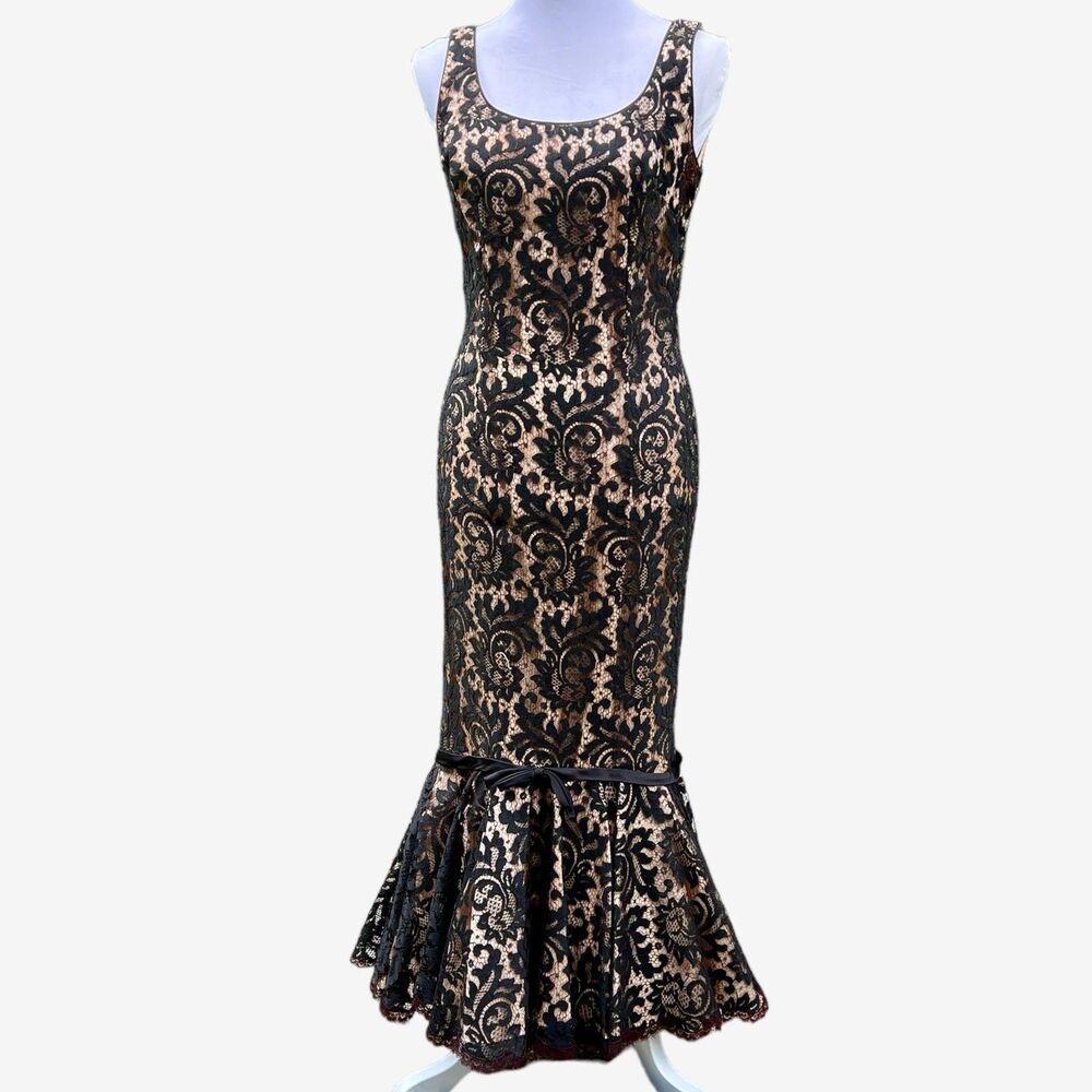 Lee Jordan Long Black Lace Gown nude illlusion wiggle mermaid hem XS 2 vtgs 60s